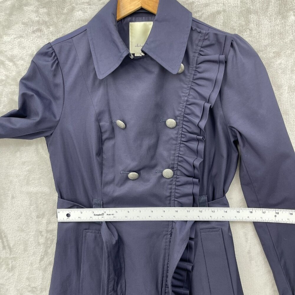 Elevenses Navy Ruffle Double Breasted Belted Mid Length Trench Coat - Picture 14 of 15